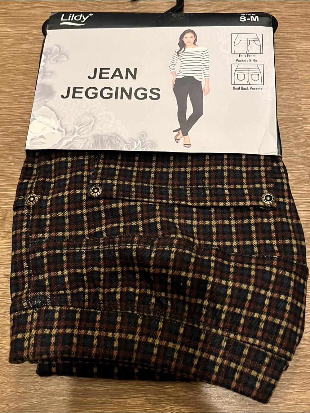 Lildy Plaid Jean Jeggings - Navy/Brown  (S-M)NWT